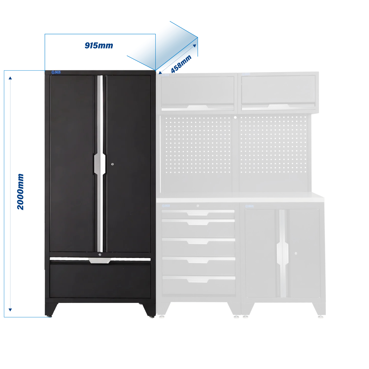 SGS 7pc Modular Garage Storage | 5 Drawers | Stainless Steel Worktop | Tall Double Cabinet with Drawer | 2x Upper Cabinets